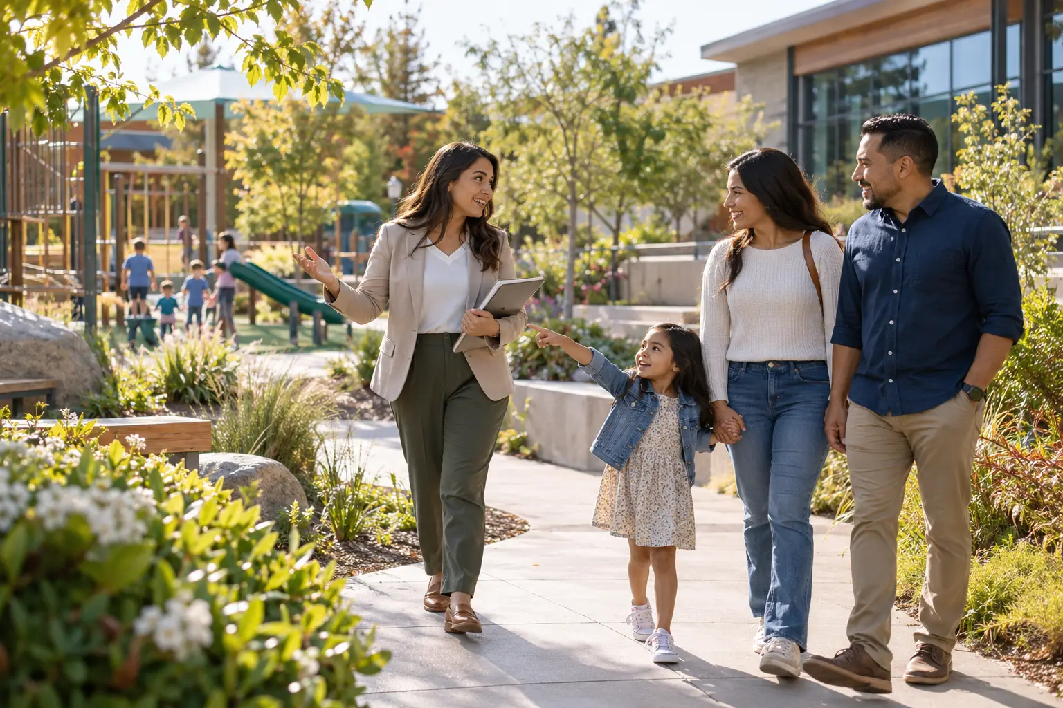A family touring a school with an admissions officer along a sunlit garden path