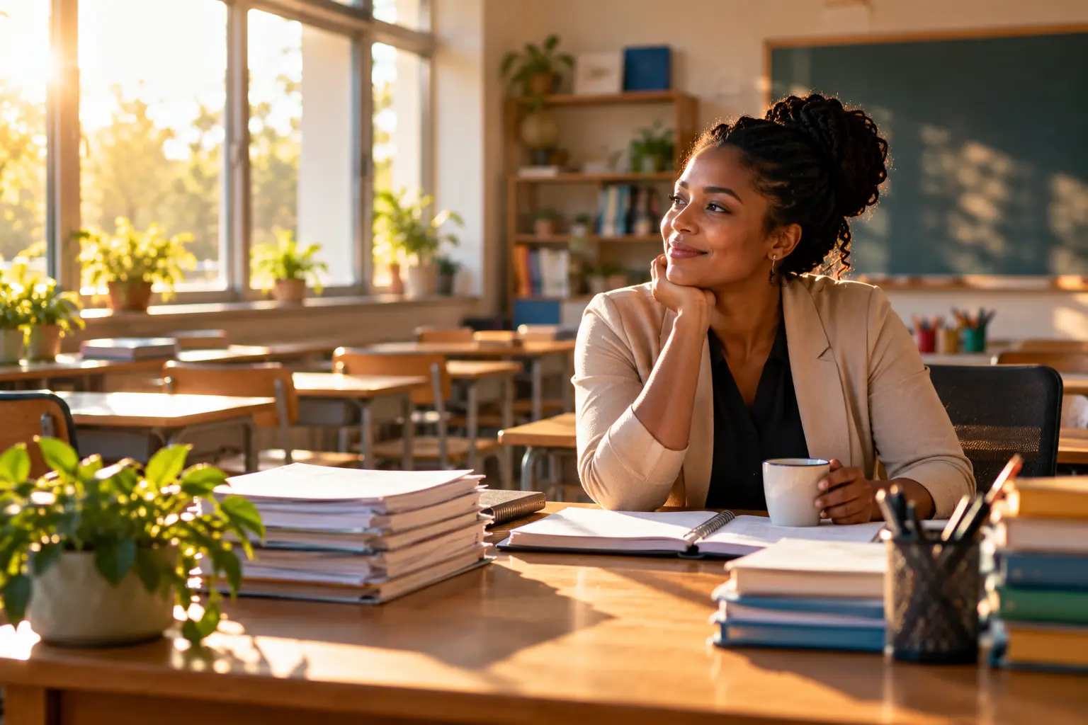 A teacher at her desk after class, looking up with a relaxed smile