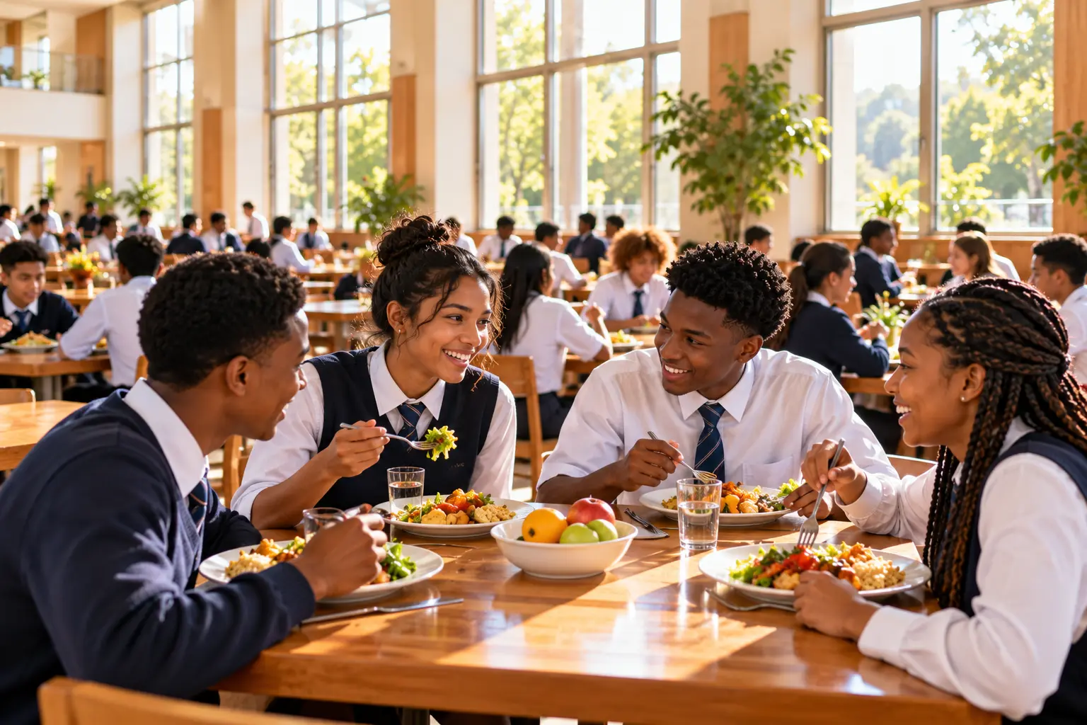 Boarding students sharing lunch at long tables in a bright dining hall