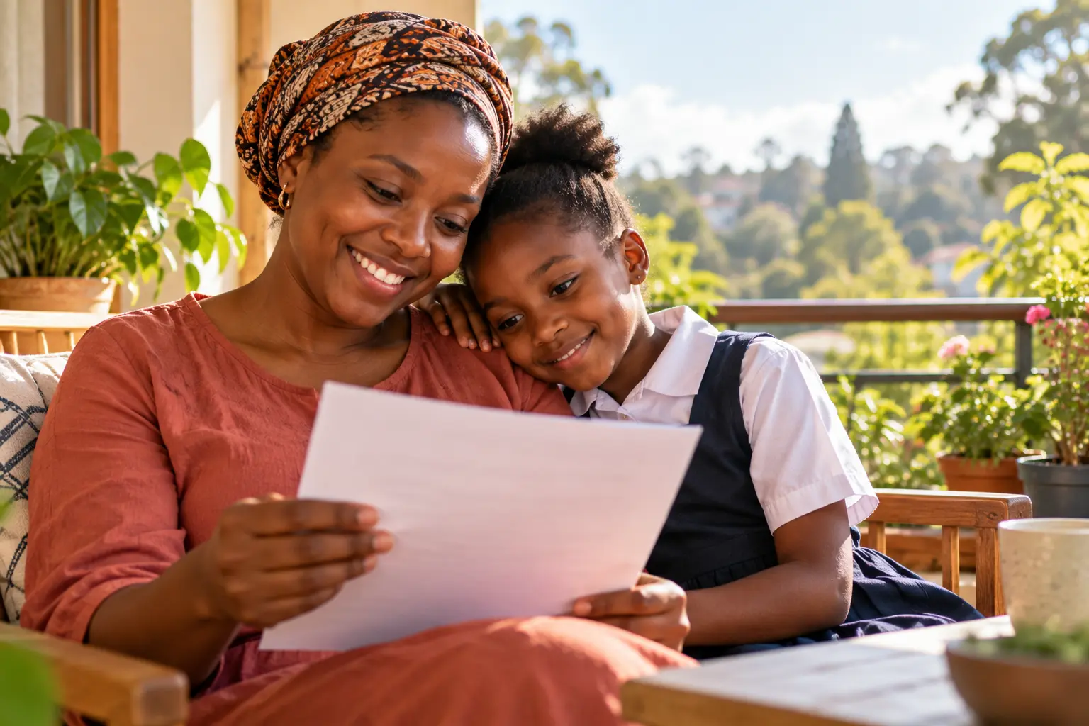A mother and her daughter reading a note from school together on their balcony