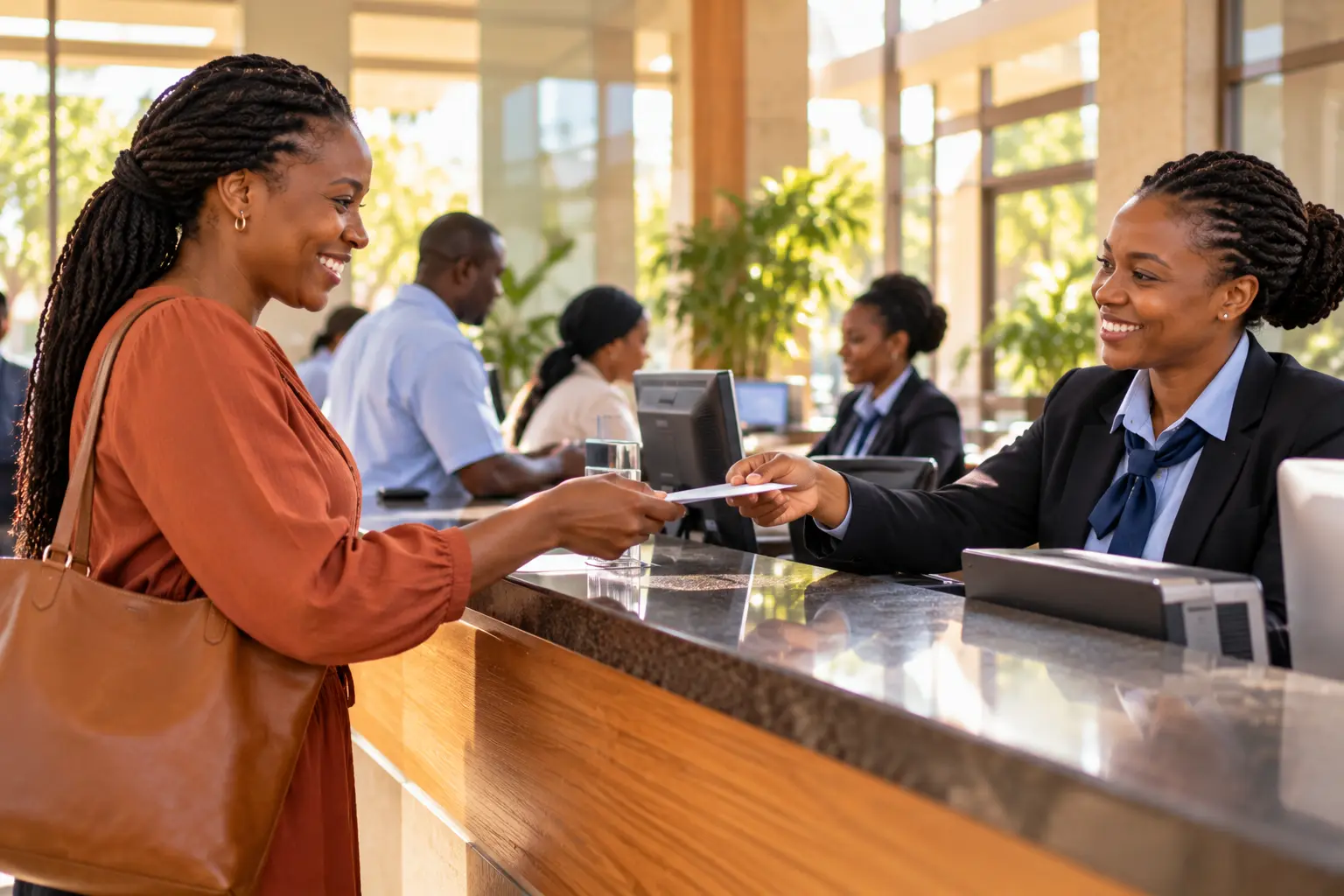 A parent paying school fees at a friendly bank counter