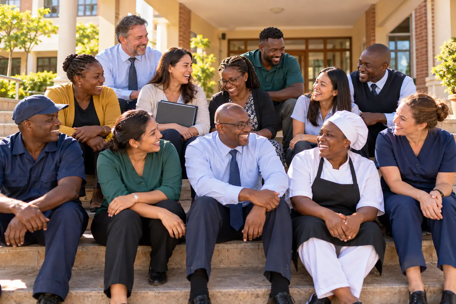 A school’s whole staff, from cooks and drivers to teachers, sitting together on the front steps