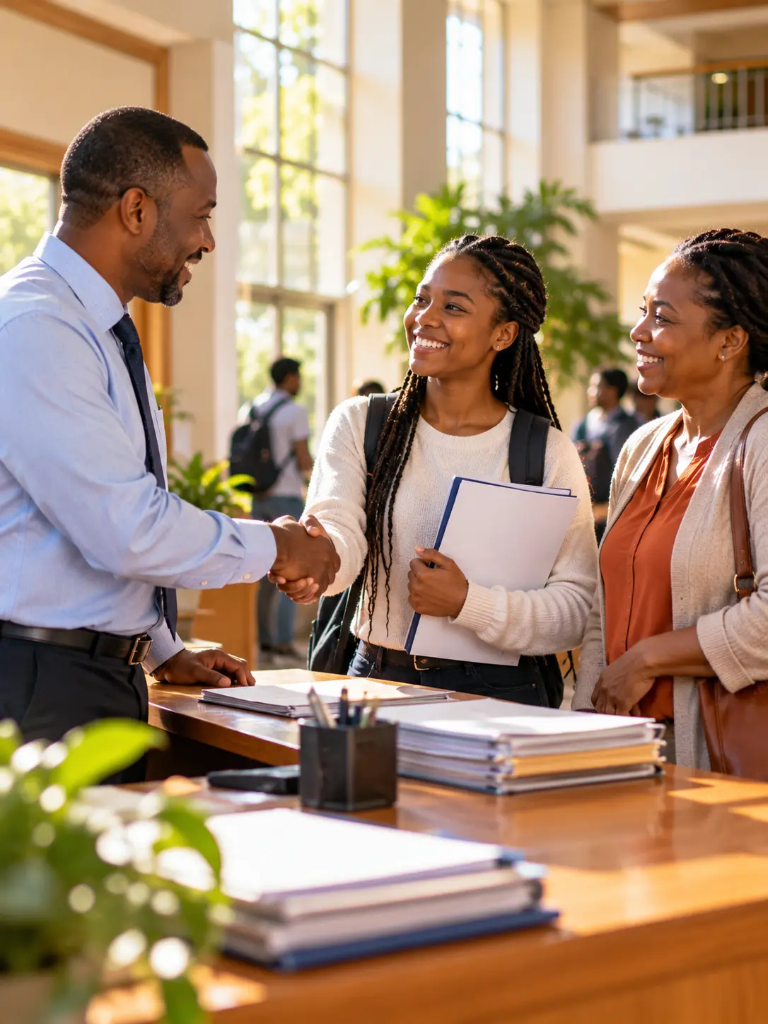 A university registrar shaking hands with a new student and her mother