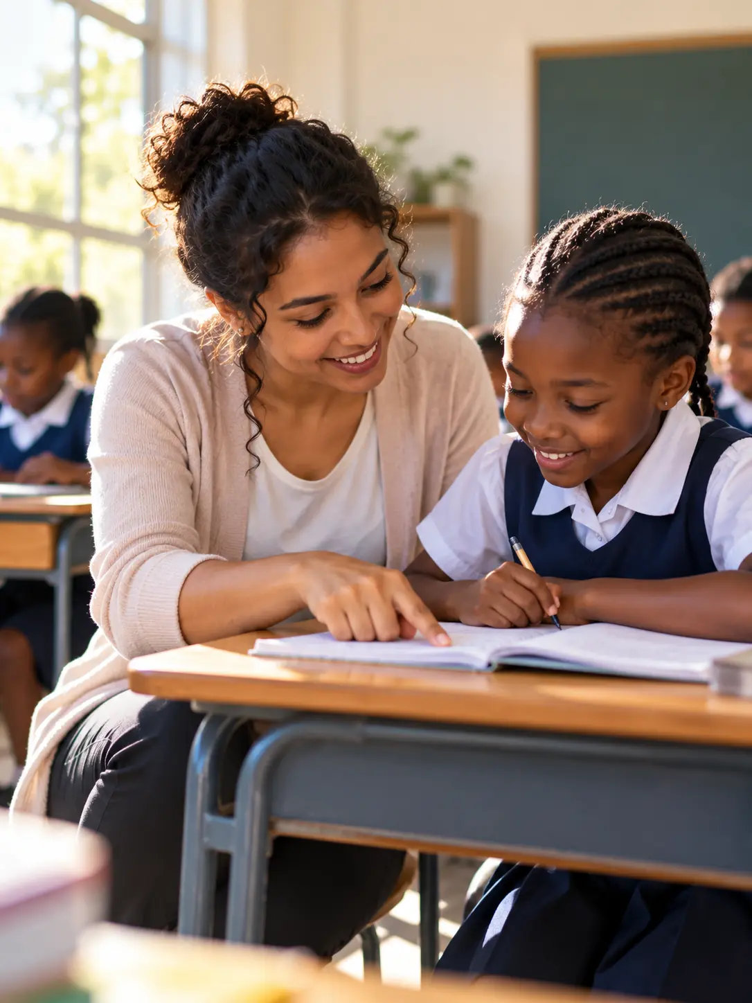 A teacher sitting beside a pupil and pointing to her exercise book