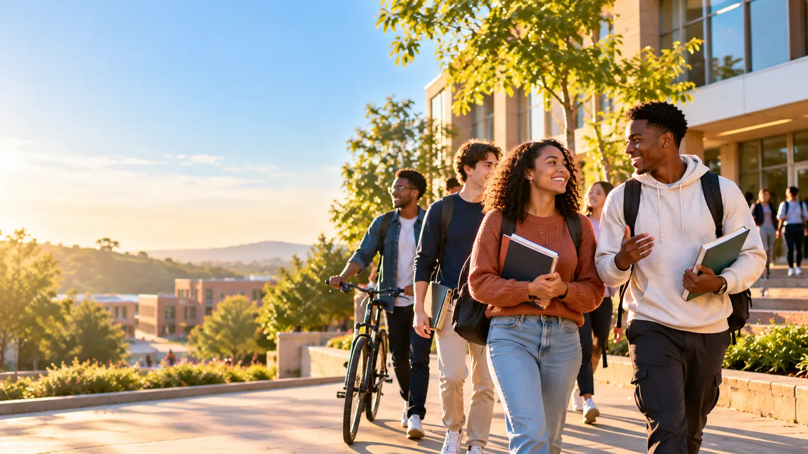 College students walking and talking outside their campus building, one pushing a bicycle