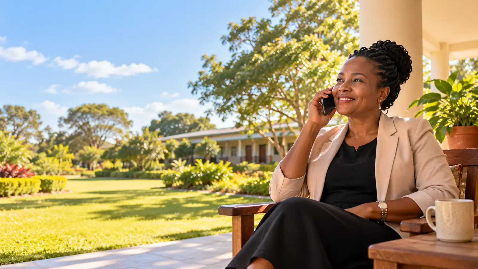 A head teacher smiling as she talks on the phone on her school’s veranda
