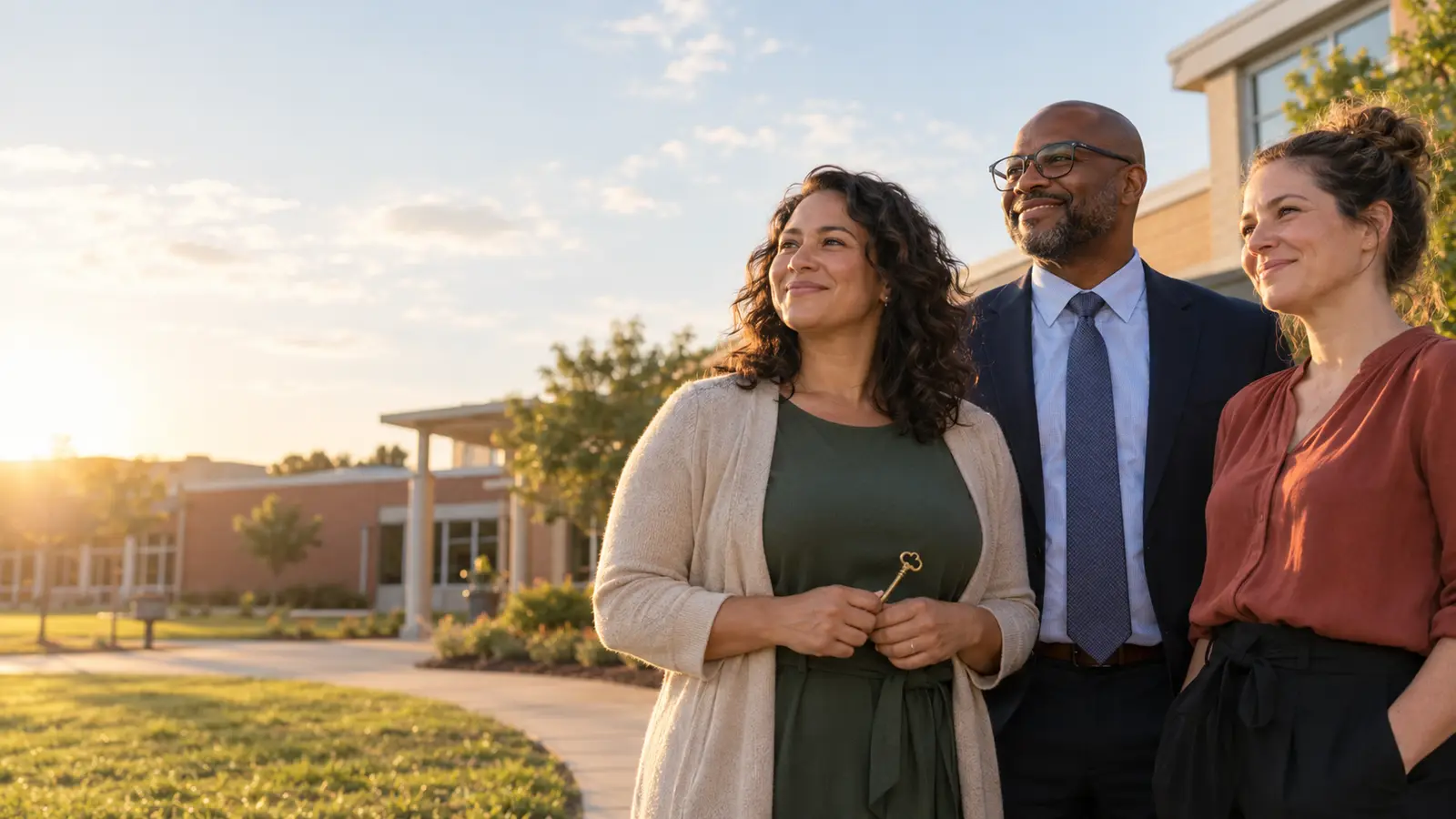 A principal and two teachers standing proudly outside their school, one holding a key