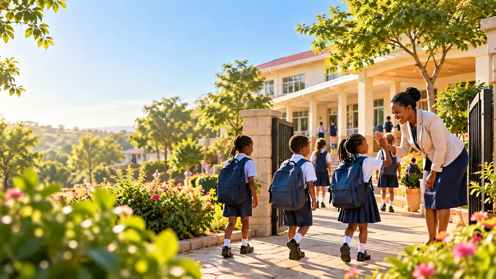 Pupils with backpacks walking into a primary school courtyard as a teacher greets them