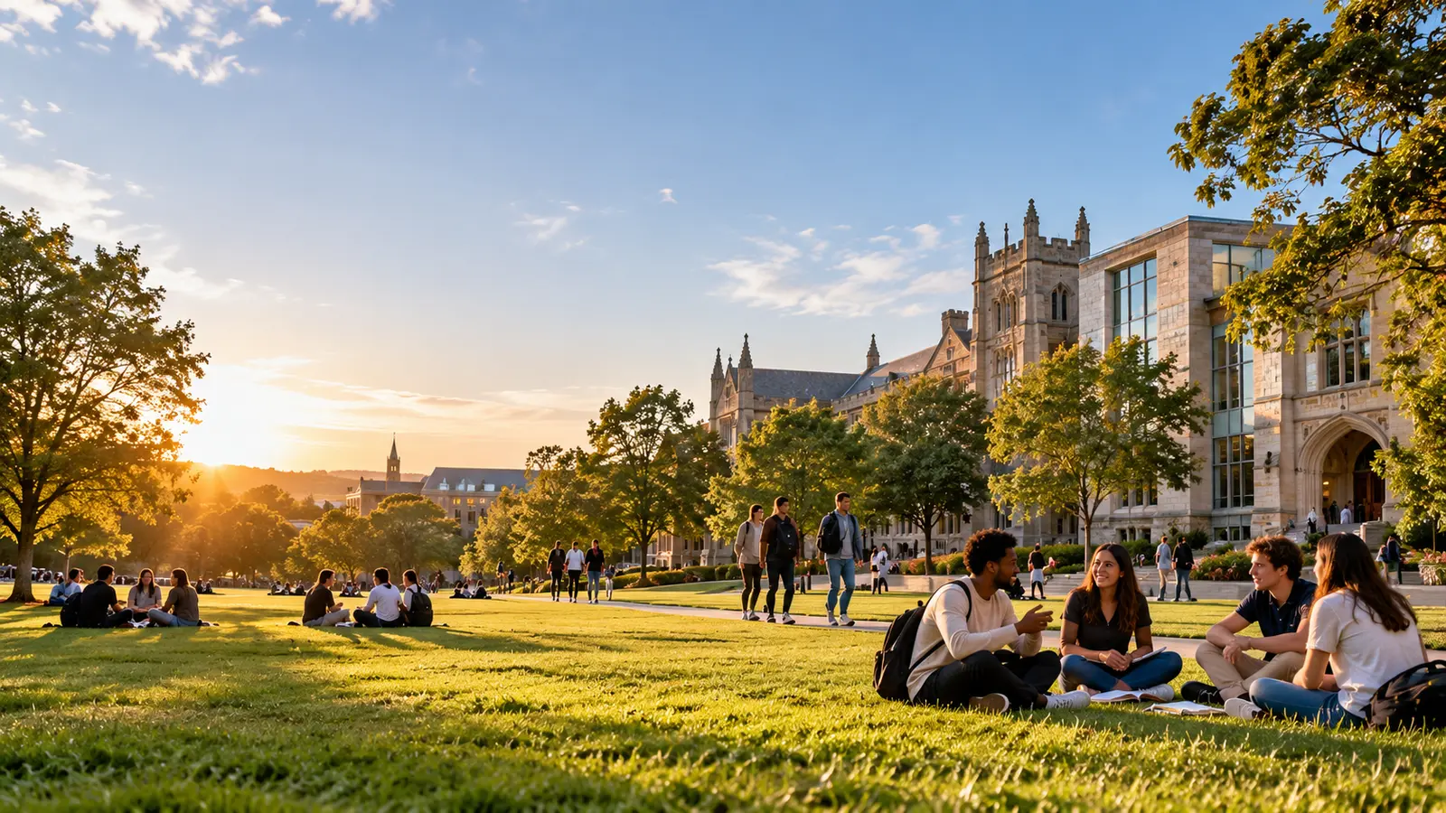 Students sitting in small groups on the lawn of a university quadrangle at golden hour
