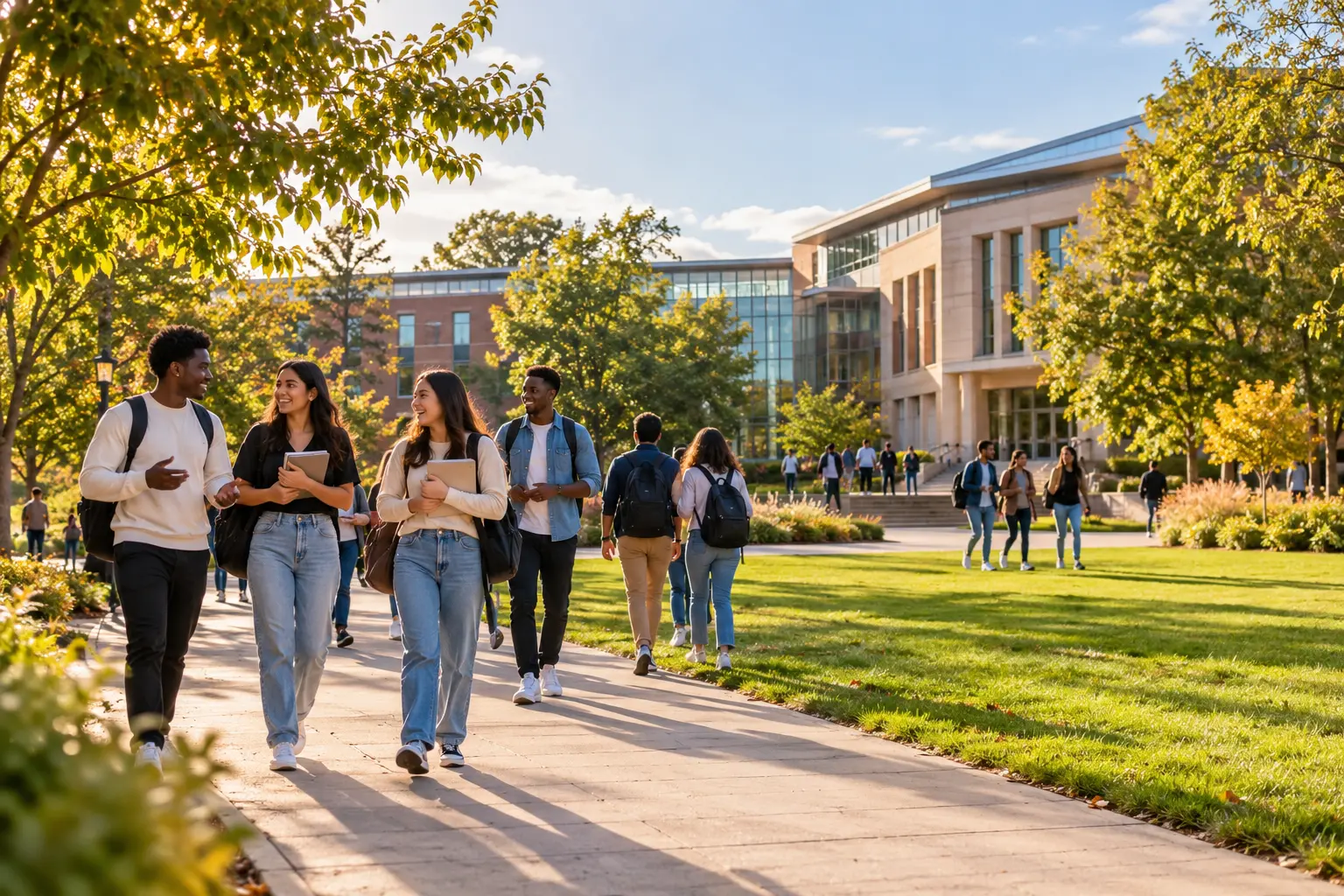 Students walking along a tree-lined path across a university campus
