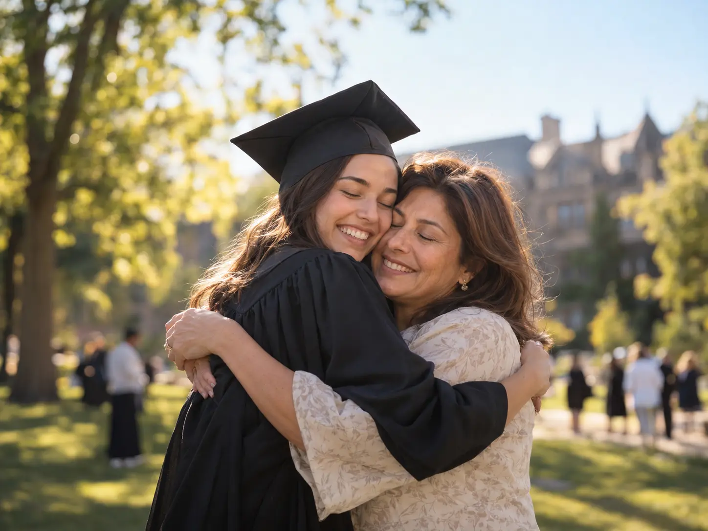 A graduate in cap and gown hugging her mother on the campus lawn