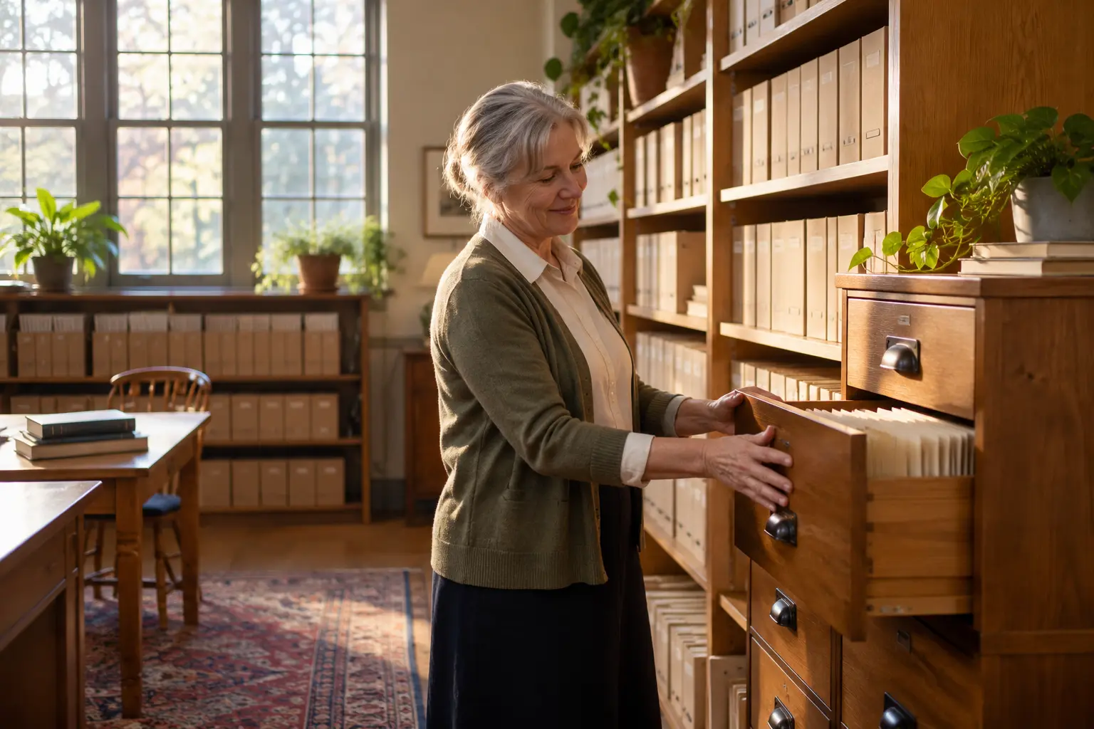 A librarian closing a drawer in a school records room lined with folders