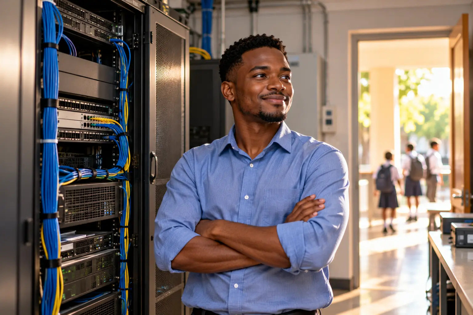 A school IT technician standing beside the server rack in the school’s own server room