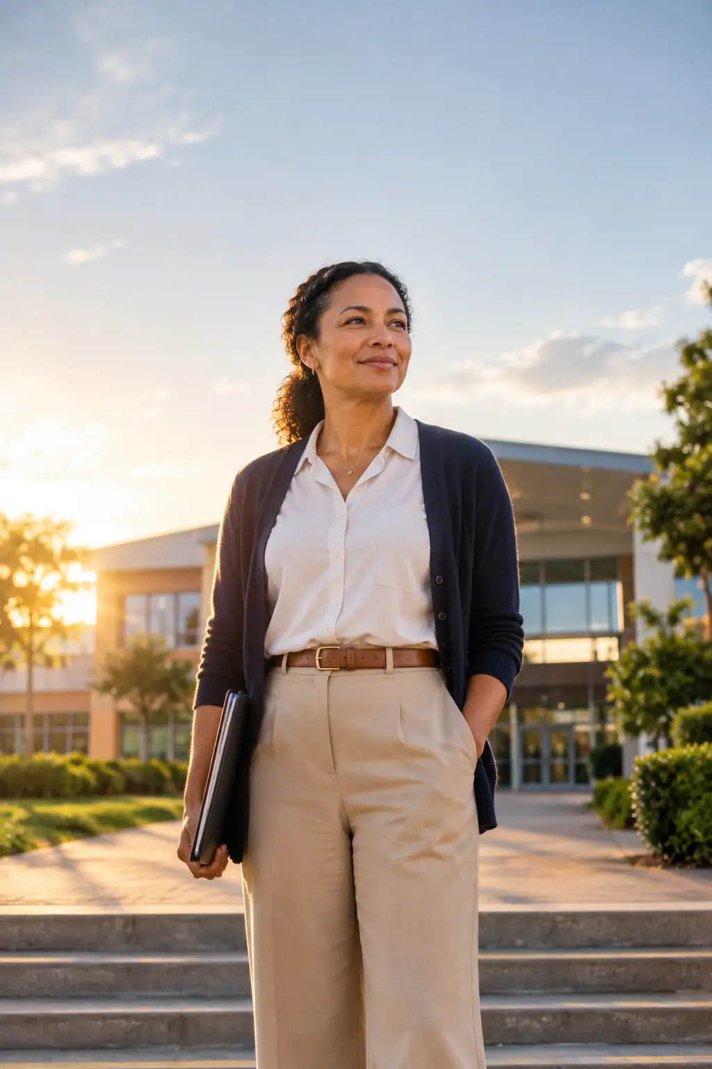 A school principal standing calmly on the front steps of her school in the morning sun