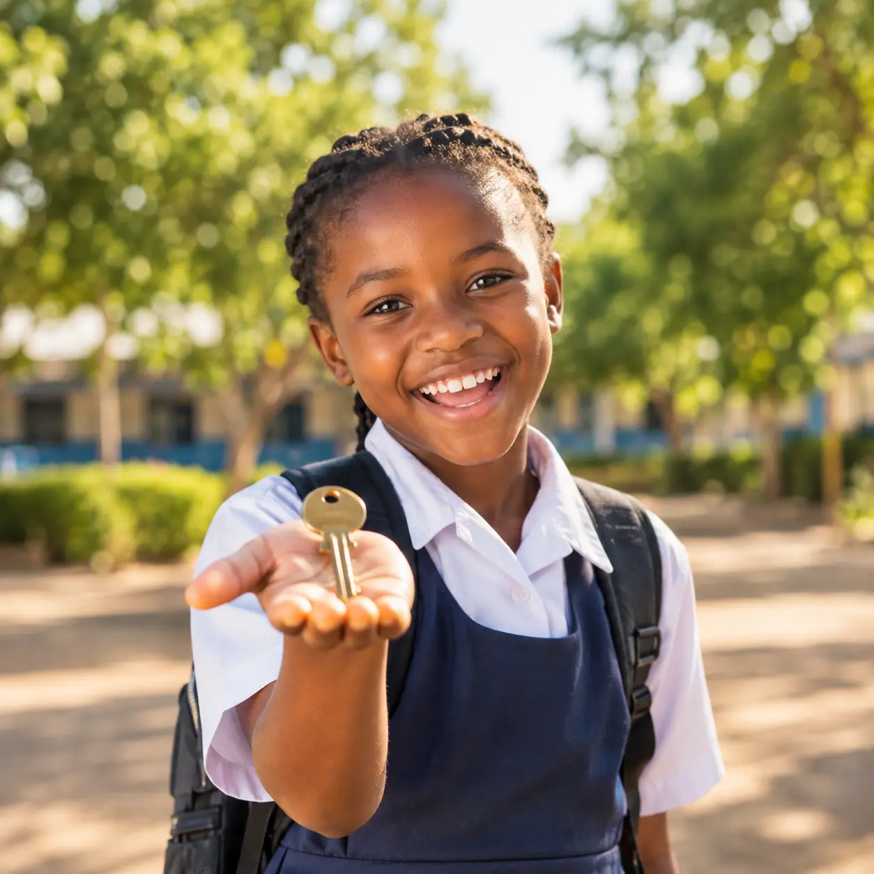 A smiling schoolgirl holding out a brass key in a sunlit school courtyard