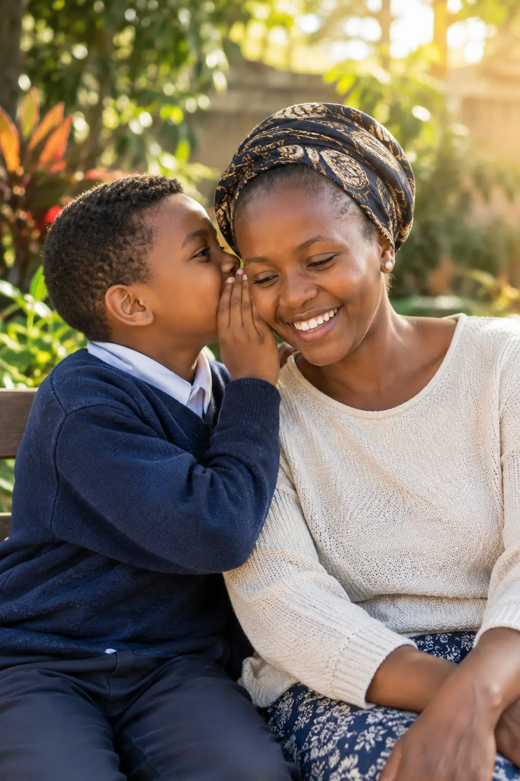 A young boy whispering into his mother’s ear as they sit together outdoors