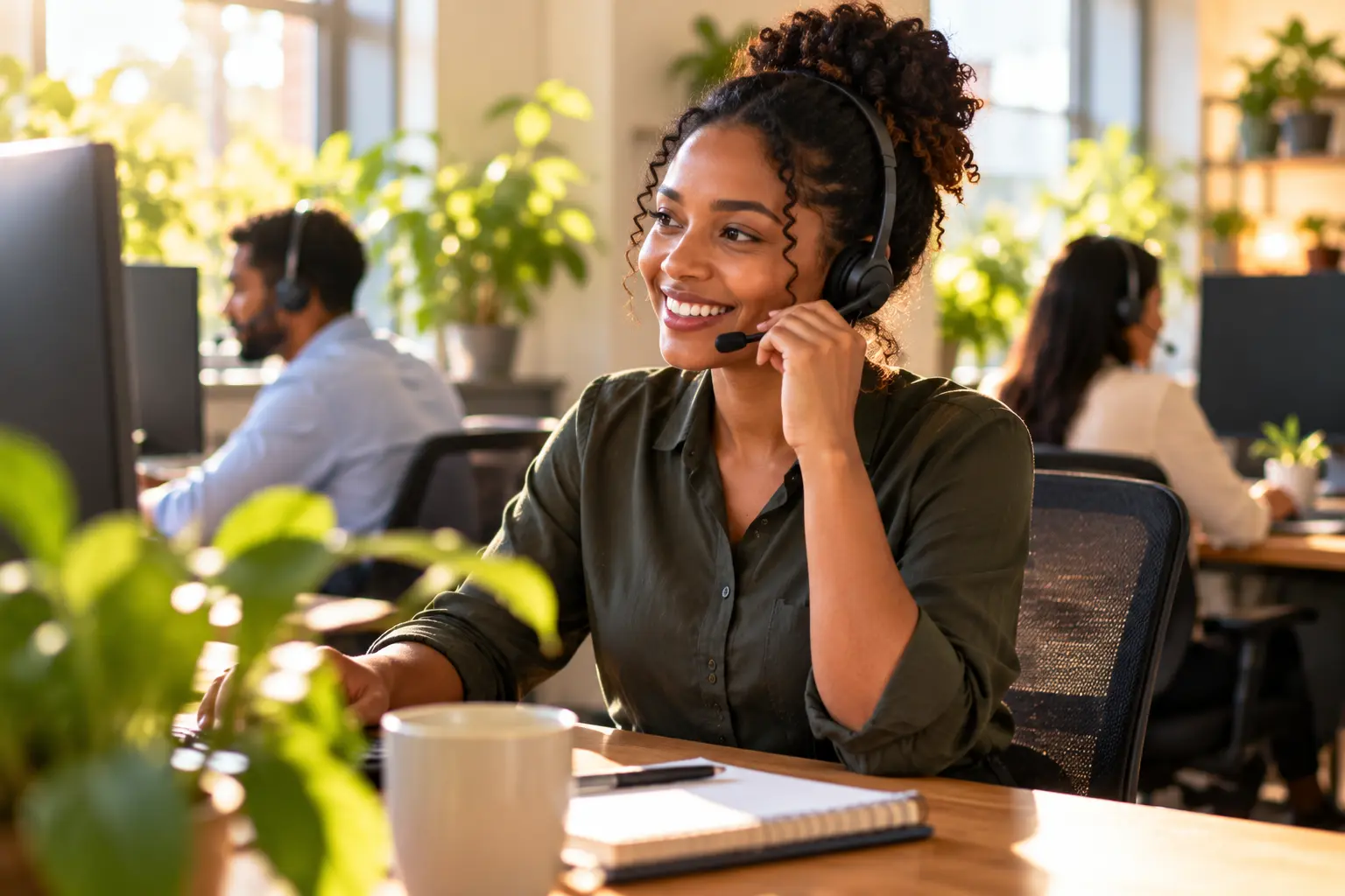A support engineer wearing a headset, smiling during a call in a bright office