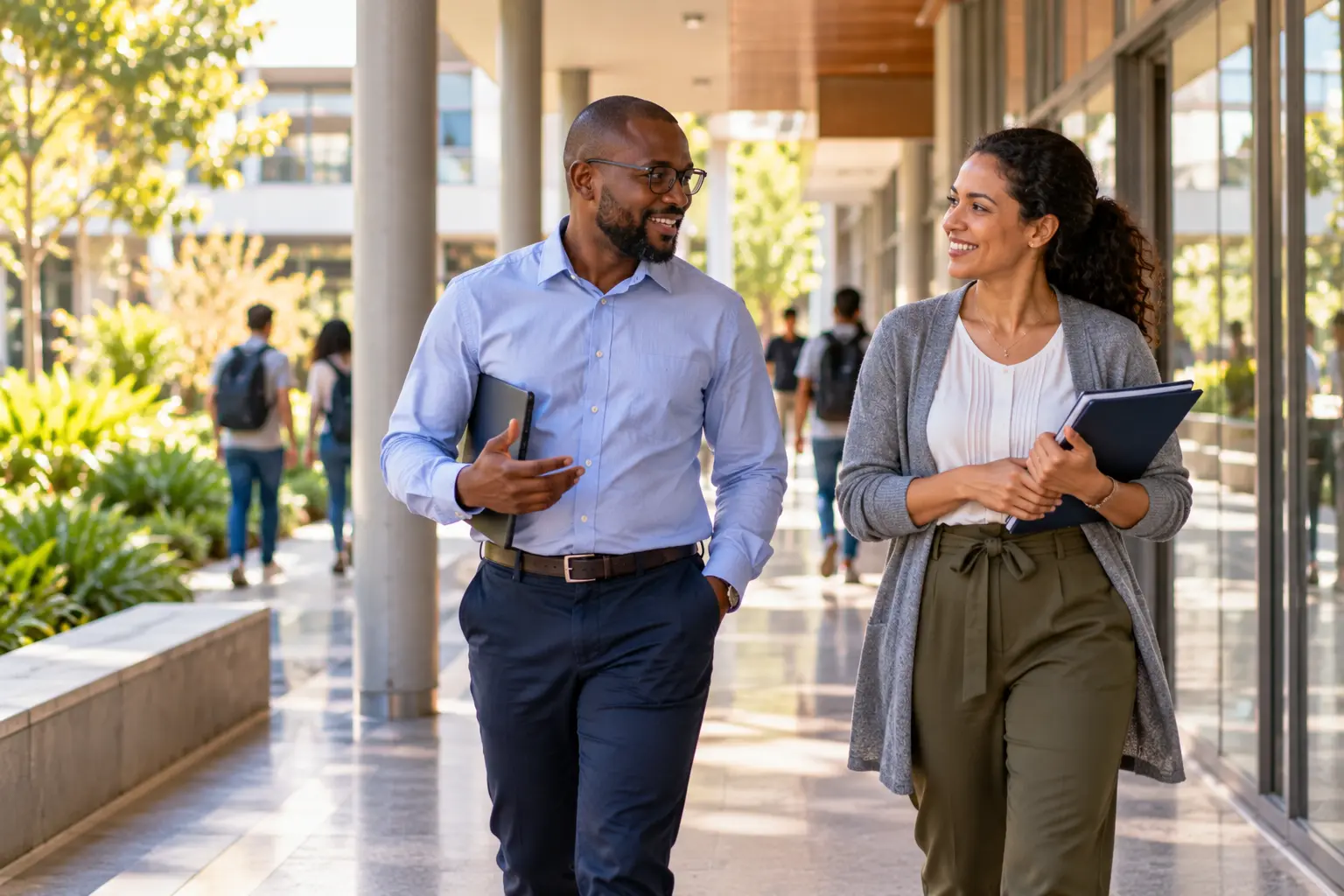 A university IT manager and a colleague walking down a campus corridor