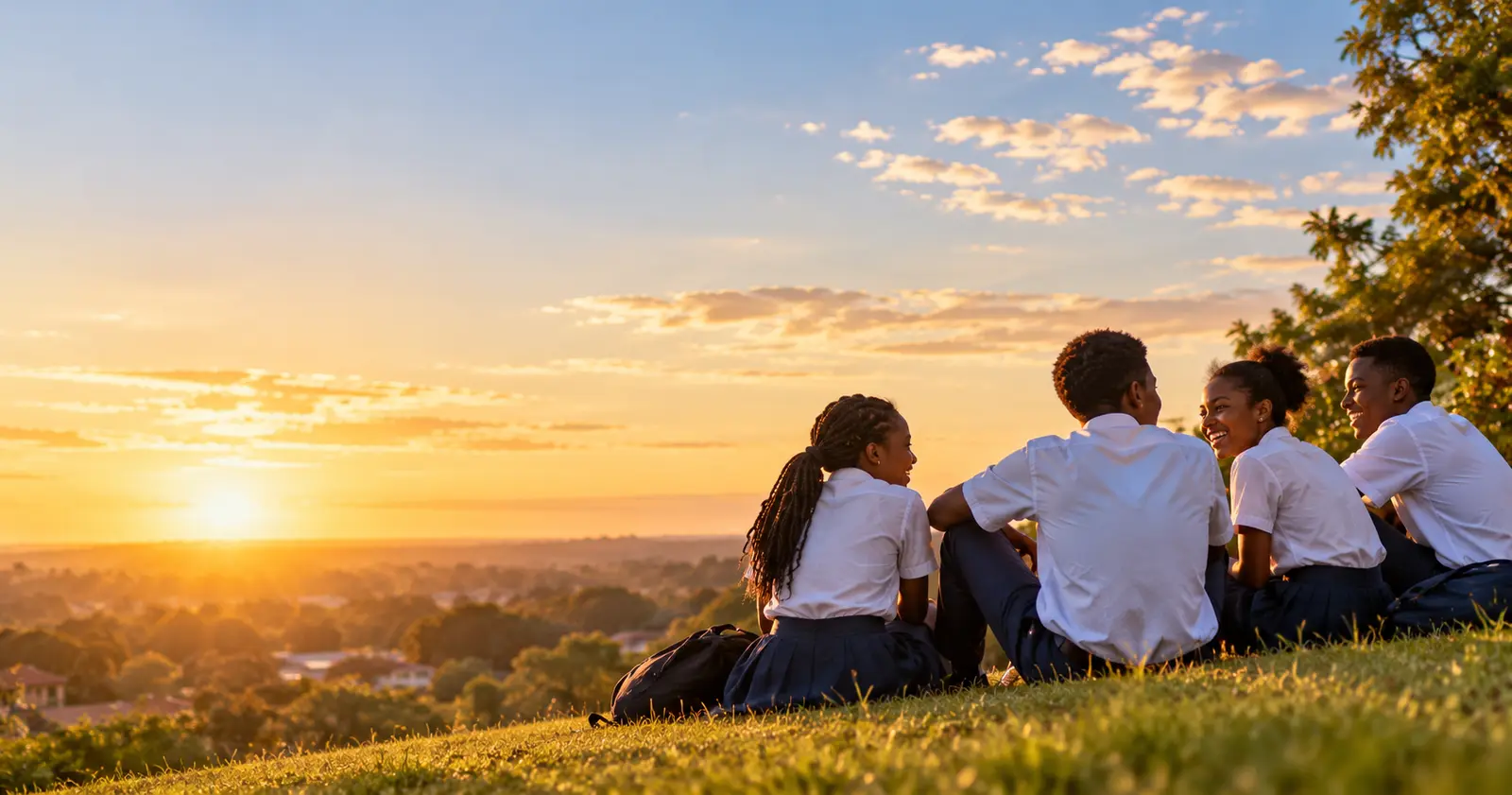 A group of pupils in school uniform sitting together on a hillside, watching the sun set over their town