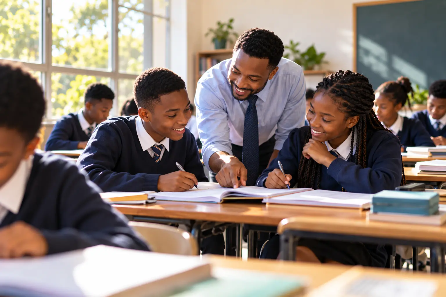 A teacher leaning over a desk to help two smiling students with their work