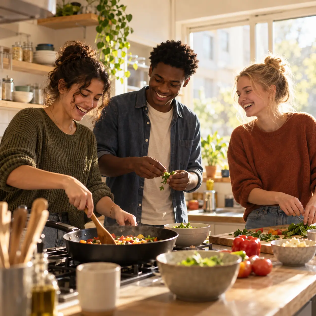 Three students cooking together in a shared hostel kitchen