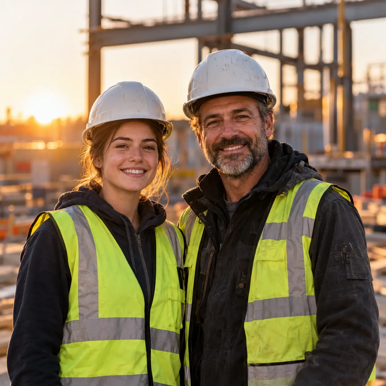 A college student in a hard hat and safety vest beside her mentor on a building site