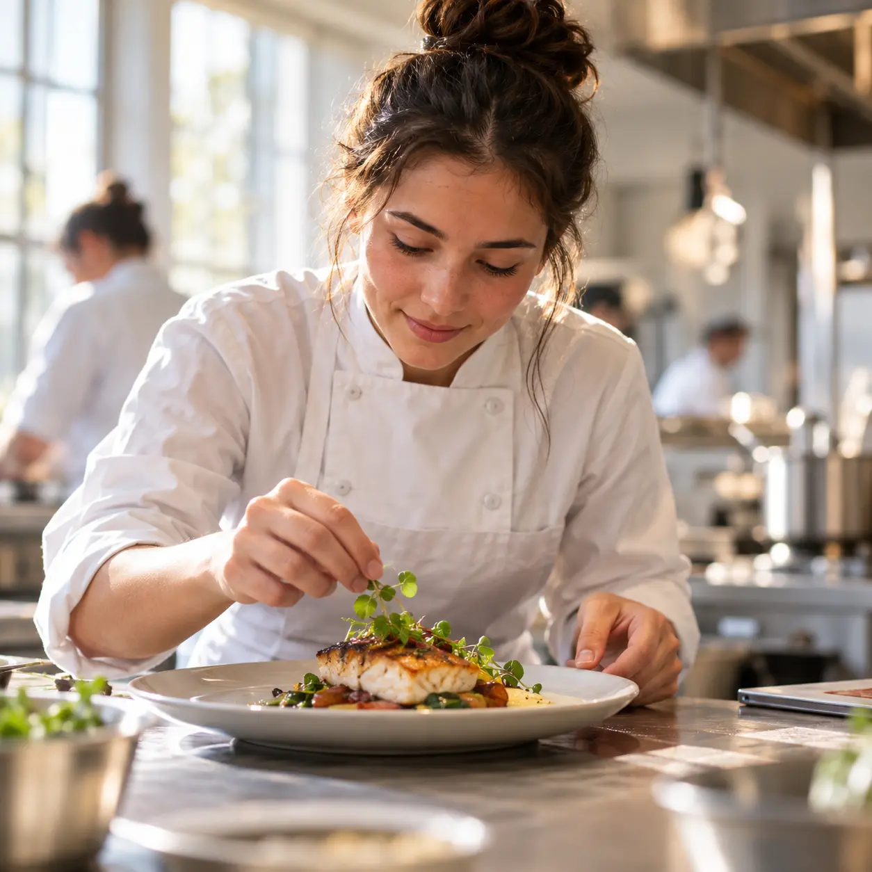 A culinary student carefully plating a dish in a college kitchen
