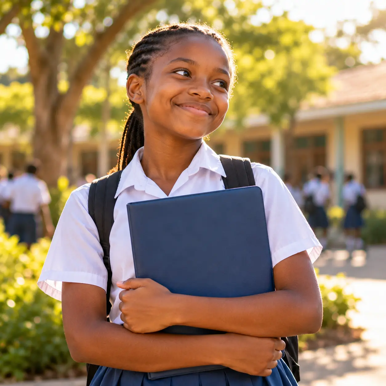 A schoolgirl smiling as she holds a closed school folder to her chest